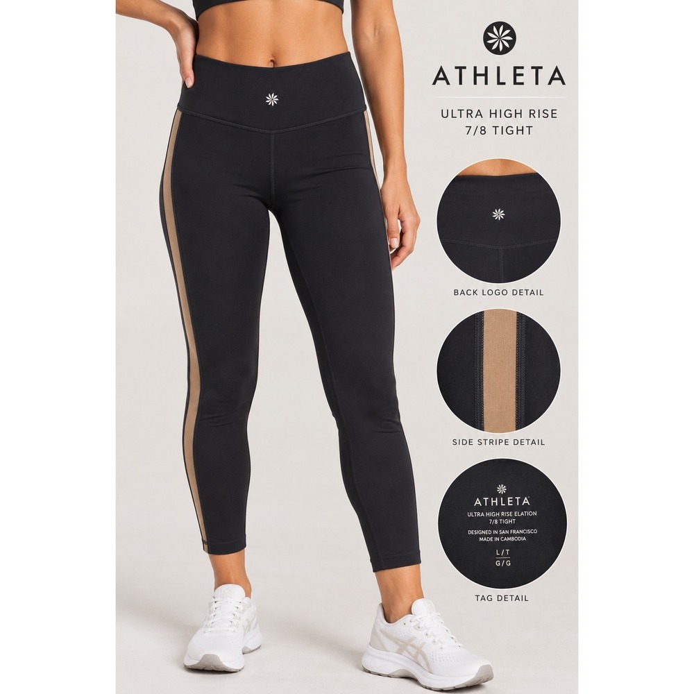 Athleta Elation Colorblock 7/8 Tight Navy Blue Tan High Rise Leggings Size L/T